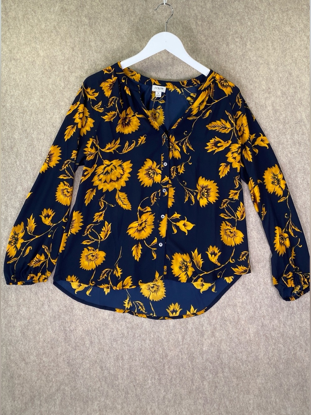 J. Crew Navy Floral Button-Up Blouse with Yellow Print | Size Small